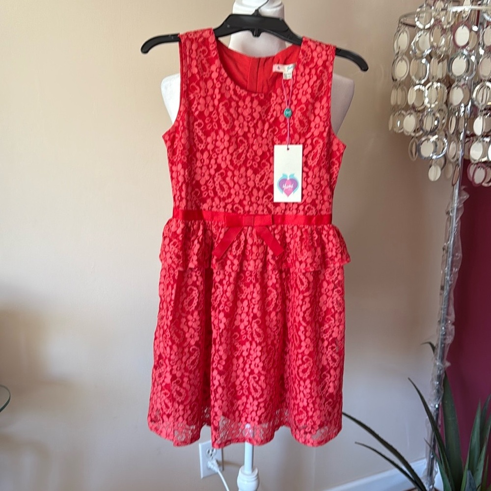 NWT YUMI GIRL, coral/ red lace dress. Age 11/12
